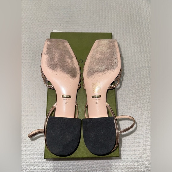 Authentic Gucci Women’s Horsebit Salmon Pink Metallic Leather Strap Logo Sandals - Picture 11 of 13